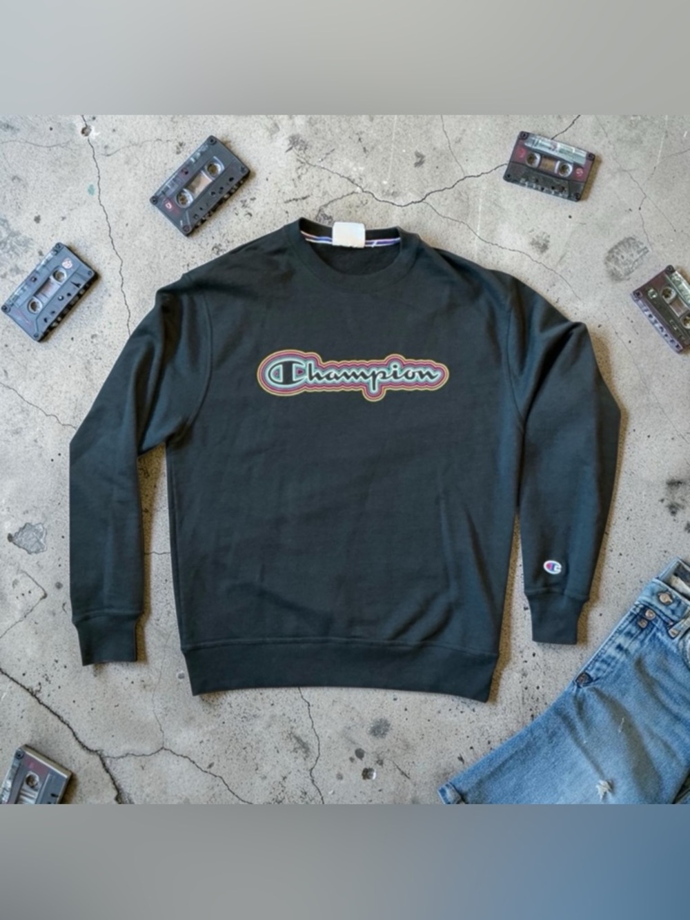 Champion Reverse Weave Style Crewneck Sweatshirt Men’s Med Blk Multicolor Logo